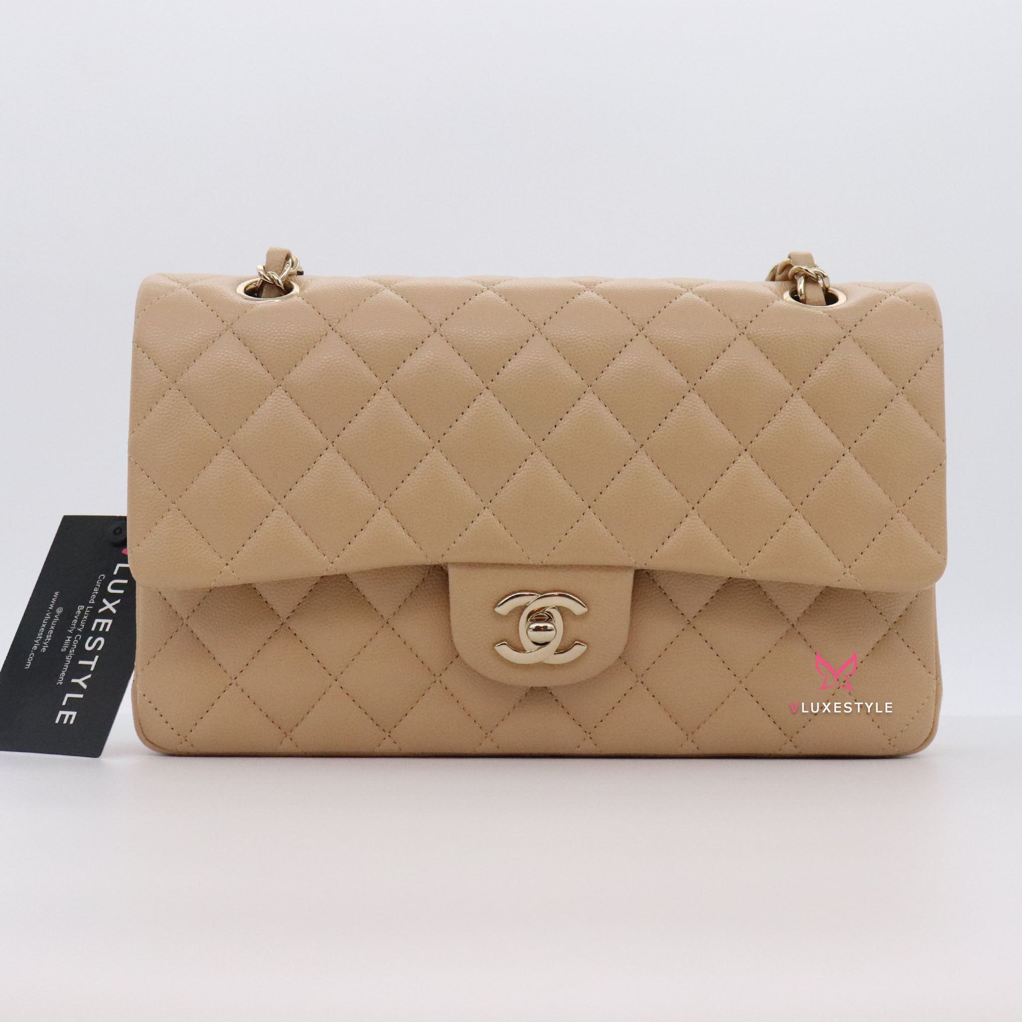 Chanel Beige Clair Quilted Caviar Small Classic Double Flap Gold