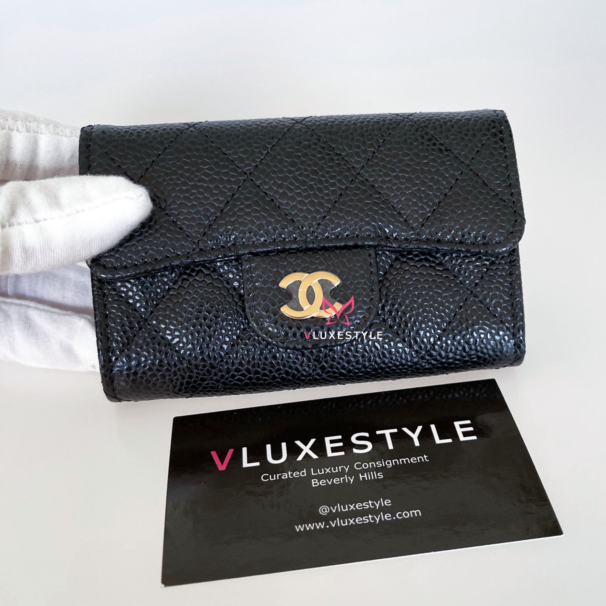 Chanel Card Holder Black Quilted Caviar with gold hardware