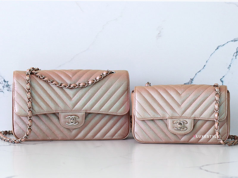 Chanel Iridescent Rose Gold Chevron Quilted Caviar Mini Flap