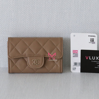 Chanel Flap Card Holder 22A Dark Beige Quilted Caviar with light