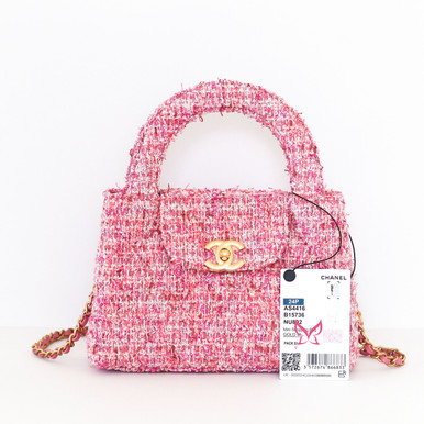 Chanel Nano Kelly 24P Pink & Ecru Tweed Brushed Gold Hardware