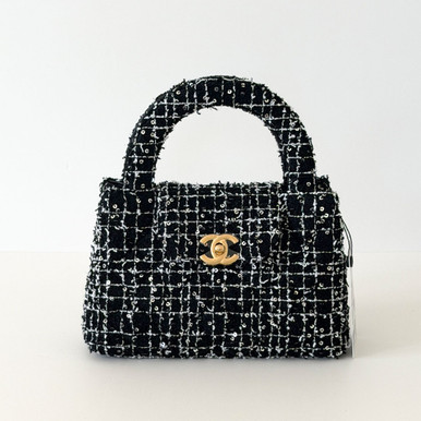 Kelly Top Handle 24P Black White Tweed Gold Hardware