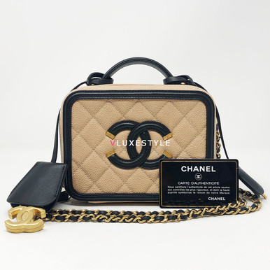 Chanel Small Filigree Vanity Case Beige Black Quilted Caviar