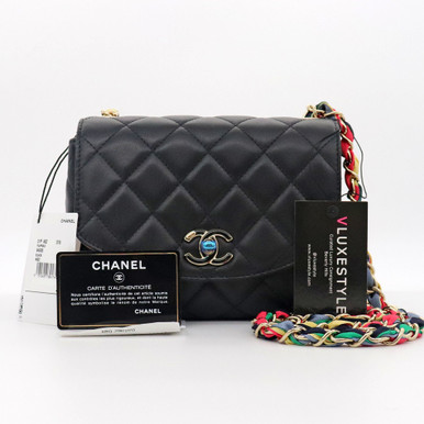 Chanel Flap Bag 21P Black Quilted Lambskin with multi-color strap and gold  hardware
