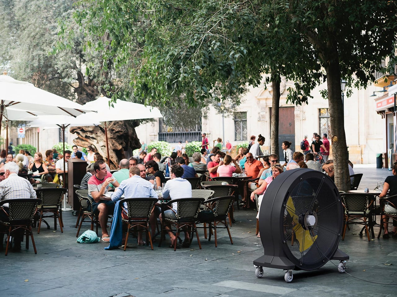Bandit Floor Fan in an outdoor public setting