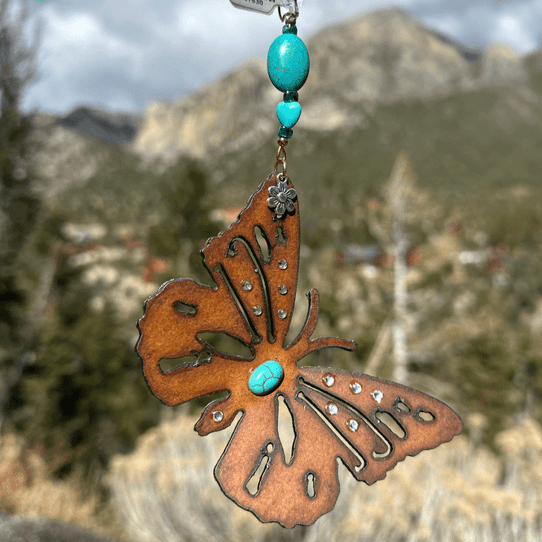 Ornament Brown Metal Butterfly with Turquoise Beads