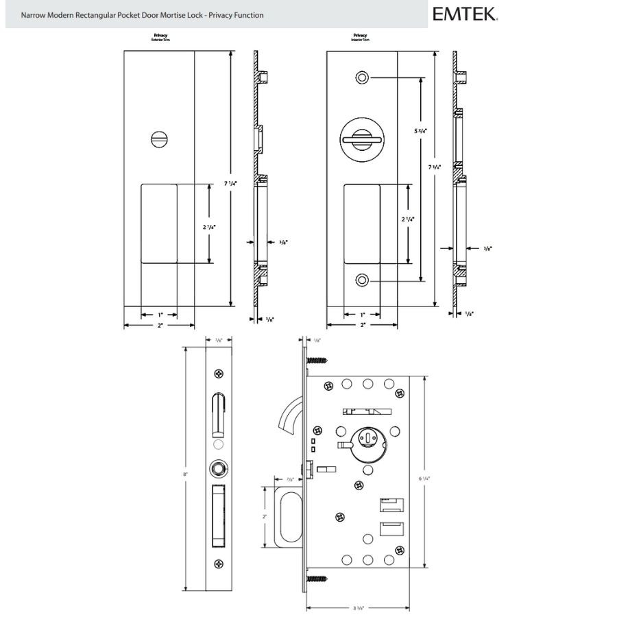 Emtek 2155 Narrow Modern Rectangular Mortise Privacy Pocket Door Set