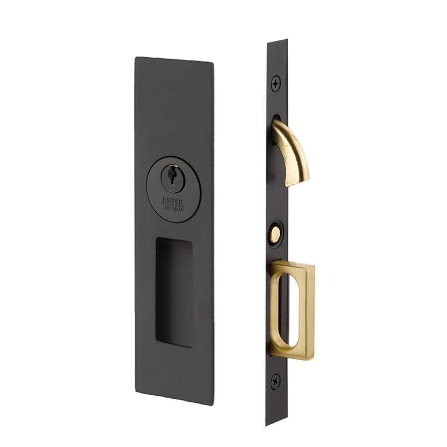 Emtek 2153 Narrow Modern Rectangular Mortise Keyed Pocket Door Set
