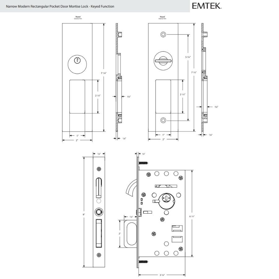 Emtek 2153 Narrow Modern Rectangular Mortise Keyed Pocket Door Set