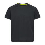 A dark green short-sleeve T-shirt with raglan sleeves and a bright yellow neck trim, featuring a logo.