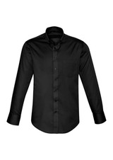 A black long sleeve shirt featuring a button-up design and a chest pocket. It has a logo on the chest.