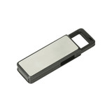 A sleek black and silver click action flash drive with a metal finish and a loop for attachment.