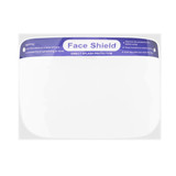 A clear protective face shield with a blue branding band at the top, designed for splash protection.