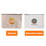 Rectangle canvas cosmetic bags in natural and bleached white, featuring logos on each side.