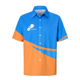 A short-sleeved button-up shirt in blue and orange with a logo on the front. Made from 100% cotton.