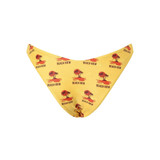 A yellow bikini bottom featuring palm tree and sunset designs, with a logo pattern.