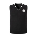 A black unisex cotton spandex v-neck knitted vest with contrasting white detailing and a logo.