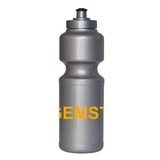 A drink bottle in metallic silver with a screw top and a logo in bold yellow.