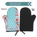 A neoprene oven mitt showcasing a colourful design on one side and a black SBR textured grip on the other side. A neoprene oven mitt showcasing a colourful design on one side and a black SBR textured grip on the other side.