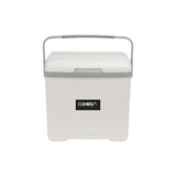 A white cooler box with a grey handle and a small logo on the front.