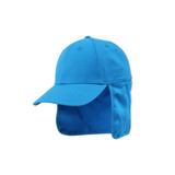 A blue sport cap with a flap at the back and a front brim, featuring a logo on the side.