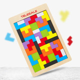 A wooden puzzle featuring various colourful geometric blocks on a light background, with a brand logo at the top.