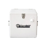 A white metal cooler box with a locking mechanism and a side handle. It features a logo on the front.
