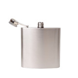 A stainless steel hip flask with a brushed finish and a screw-on cap. The flask has a simple design and a logo. A stainless steel hip flask with a brushed finish and a screw-on cap. The flask has a simple design and a logo.