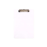 A white clipboard featuring a metal clip at the top and a smooth surface.