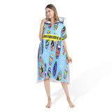 A hooded towel in blue featuring surfboard designs and a logo, designed for health and personal use.
