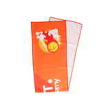 An orange sports towel with a logo, featuring a design related to basketball.
