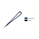 A lanyard in navy blue and black, featuring a clip at the end, has a simple design with no printed text or logos. A lanyard in navy blue and black, featuring a clip at the end, has a simple design with no printed text or logos.
