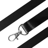 A black nylon lanyard featuring a silver metal clip for securing items. It has a textured surface and includes a logo.