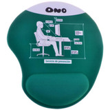 A green Bean Gel Pad with a contoured design, featuring a logo and an illustration related to office ergonomics.