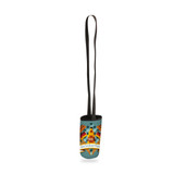 A drink bottle holder in green and black, featuring a lanyard and a decorative design with a logo.