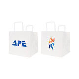 Flat handle kraft paper bag in white, featuring two side designs with logos. Dimensions: 250x250x250mm.
