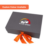 A grey foldable magnetic box featuring an orange ribbon and a logo on the top. Custom colour options are available.