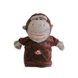 A plush monkey hand puppet in brown and grey, featuring a playful expression and a logo on its chest.