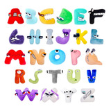 A collection of colourful plush toys shaped like the letters of the alphabet, featuring various facial expressions.