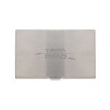A stainless steel business card holder with a sleek design and a logo on the front.