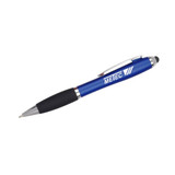 A blue stylus pen with a black grip and a silver clip, featuring a logo on its side.