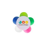 A flower-shaped highlighter with five colours: pink, green, yellow, blue, and white. It features a logo on top.
