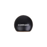 A black charging case for luxury round true wireless earbuds with a logo on the front.