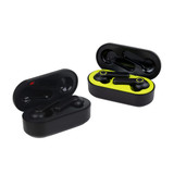 Quality True Wireless Earbuds in black with a green interior, displayed in their charging cases. Each case has a logo.