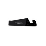A black V-shaped stand designed for iPhones and iPads, featuring a logo. Ideal for holding devices securely.