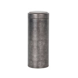 A large metallic cylinder tin canister in a brushed silver finish, featuring a secure lid and a minimalist design.