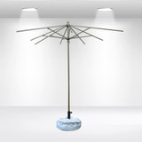 A square patio umbrella with valances, featuring a grey frame and blue base, positioned in a well-lit indoor setting.
