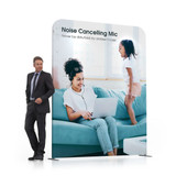 A 2m straight tension fabric display wall featuring a design with a mother and child, showcasing a lounge setting.
