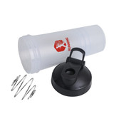 A drink bottle in clear plastic with a black lid and a metal whisk ball, featuring a logo.
