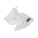 A white gym towel is folded and arranged, featuring a logo on one corner.